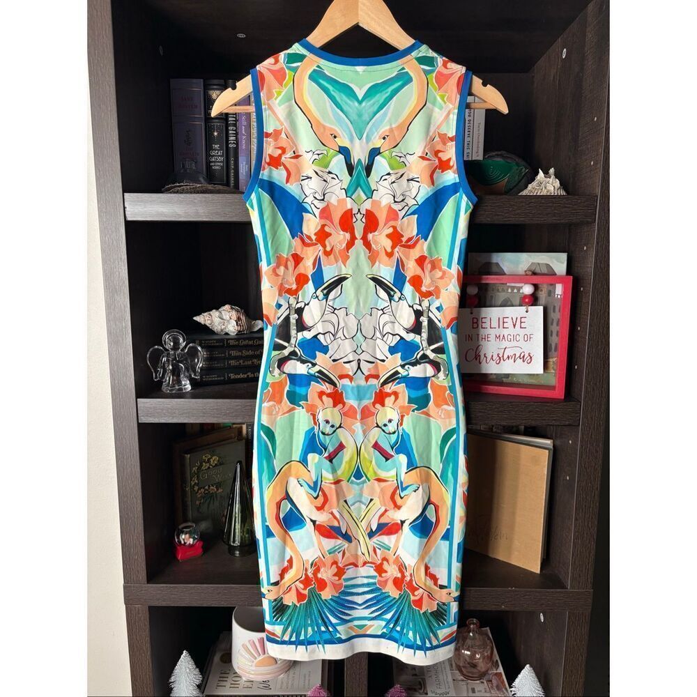Roberto Cavalli Blue Multicolor Floral Bird Print Mini Dress Size 38 USA 2 / XS - Picture 2 of 10